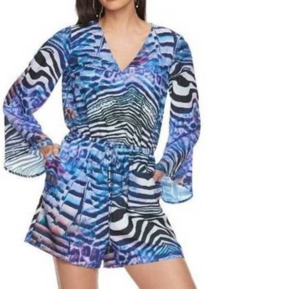 Womens Romper Jennifer Lopez Blue Medium Zebra Long Sleeve Dress Shorts Summer - Picture 1 of 7